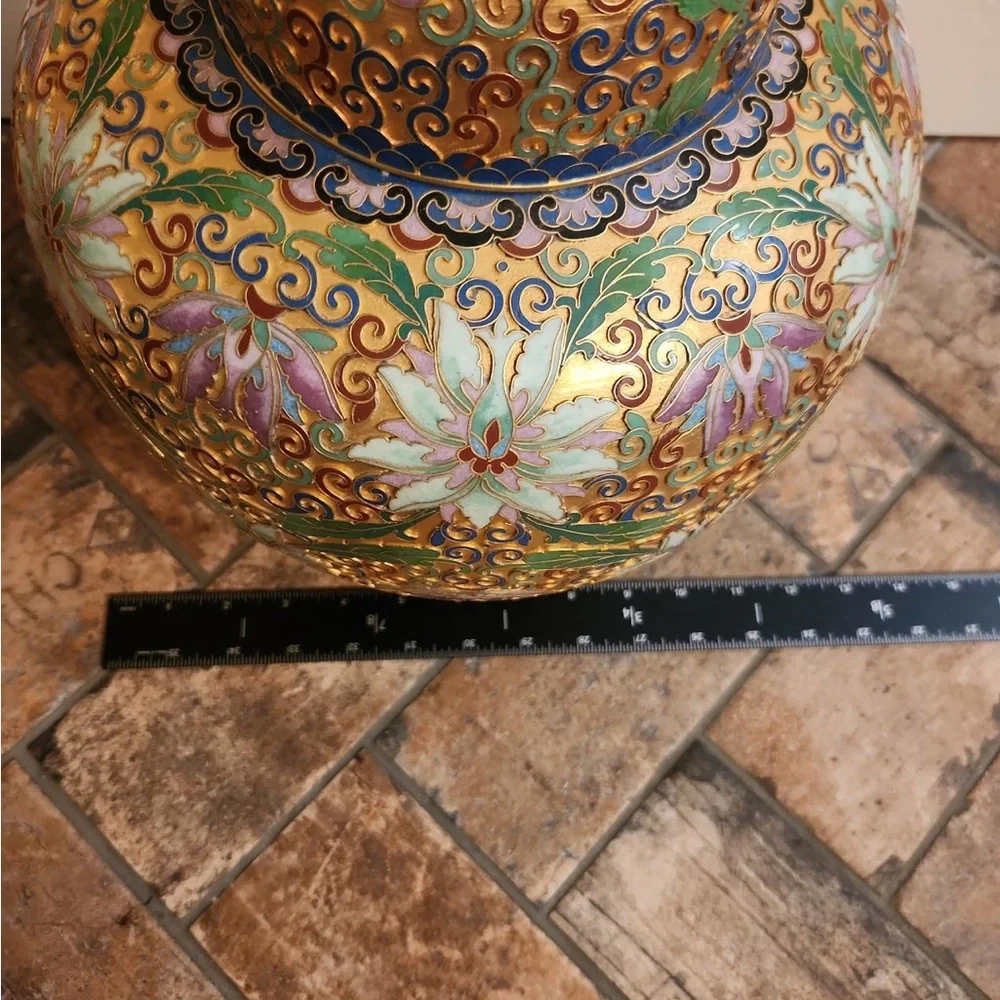 Hand-Painted Floral Cloisonné Ginger Jar - Gold and Green